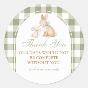 Groene Gingham Konijn Lente Pasen Baby Shower  Ronde Sticker