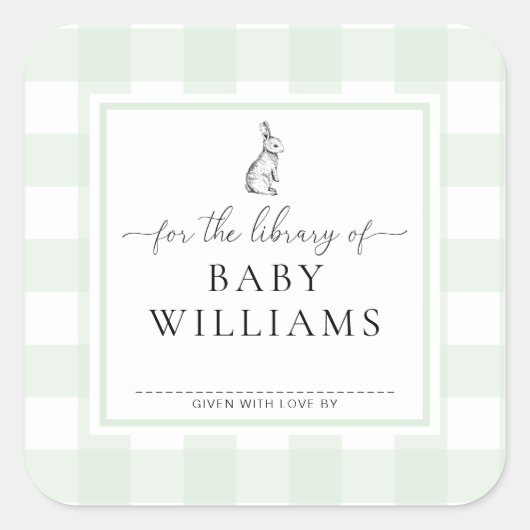Groene Gingham Konijn Voor De Bibliotheek Boekenle Vierkante Sticker (Voorkant)