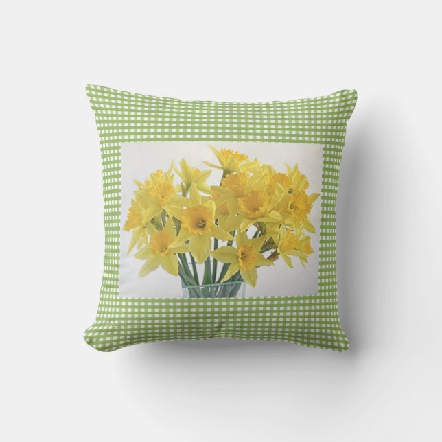 Groene Gingham met Gele Daffodils Square Buitenkussen (Voorkant)
