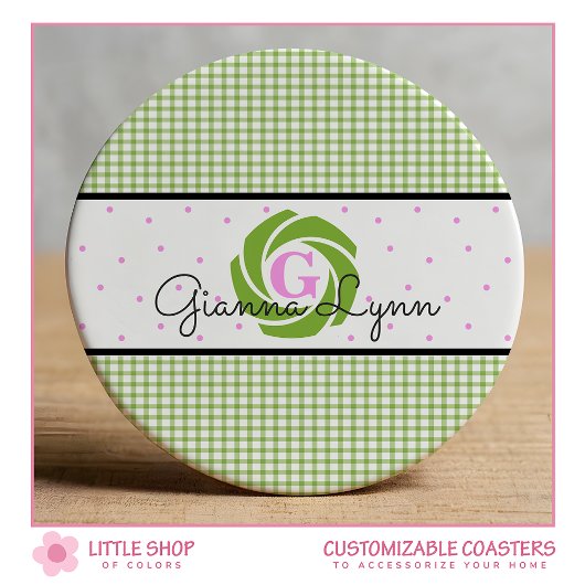 Groene Gingham Monogram Ronde Kartonnen Onderzetter