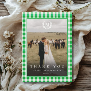 Groene Gingham Monogram Wapenschild 2 Foto Bedankkaart
