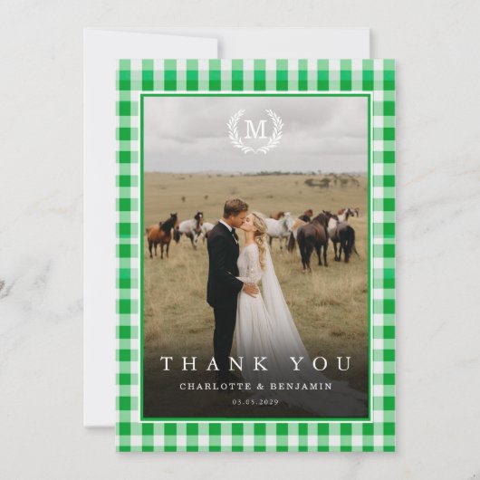 Groene Gingham Monogram Wapenschild 2 Foto Bedankkaart (Voorkant)