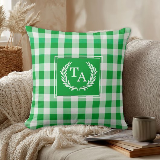 Groene Gingham Monogram Wapenschild Kussen