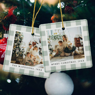 Groene Gingham Patroon Kerst Familie Foto's Keramisch Ornament