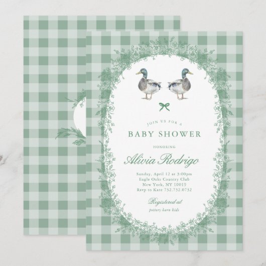 Groene Gingham Peking-eend Baby Shower Uitnodiging (Voorkant / Achterkant)