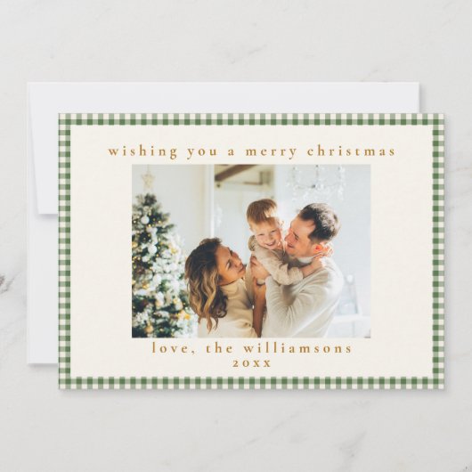 Groene Gingham Plaid Aangepaste Foto Brief Kerstmi Feestdagenkaart (Voorkant)