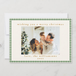 Groene Gingham Plaid Aangepaste Foto Brief Kerstmi Feestdagenkaart