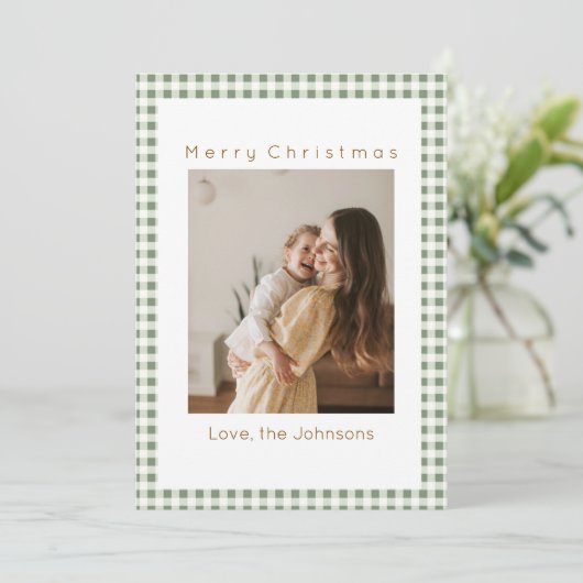 Groene Gingham Plaid Aangepaste Foto Kerstmis Feestdagenkaart (Staand voorkant)
