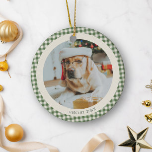 Groene Gingham Plaid Aangepaste Honden Foto Kerstm Keramisch Ornament