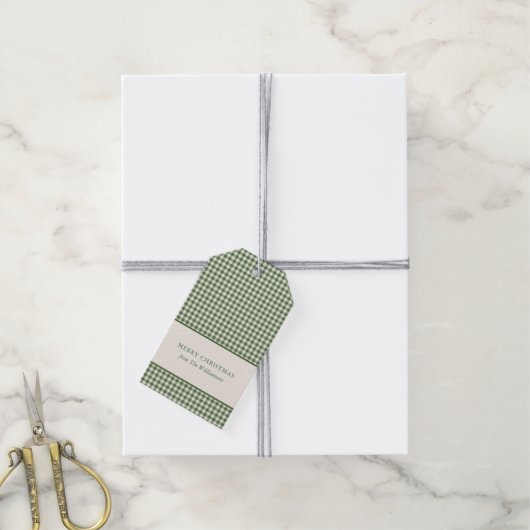 Groene Gingham Plaid Aangepaste Naam Kerstmis Cadeaulabel (Met Touw)