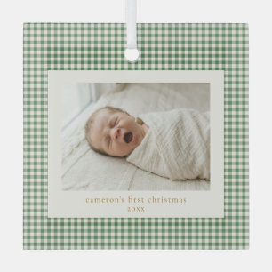 Groene Gingham Plaid Douwe Eerste Kerstmis Glas Ornament