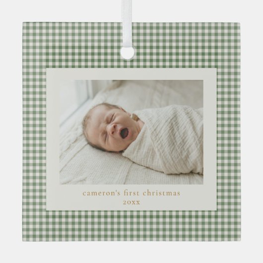 Groene Gingham Plaid Douwe Eerste Kerstmis Glas Ornament (Voorkant)