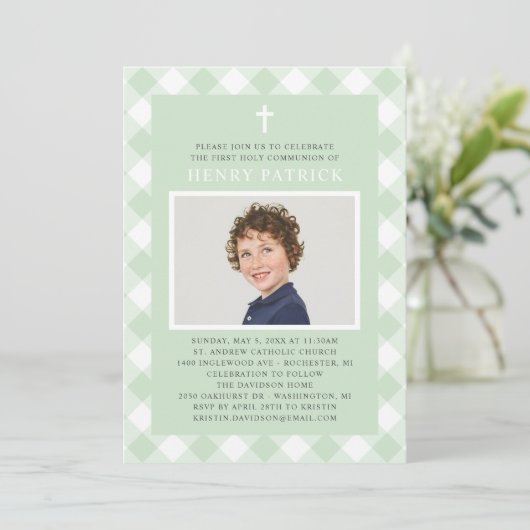 Groene Gingham Plaid Eerste Communie voor Jongen F Kaart (Staand voorkant)