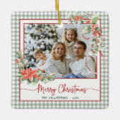 Groene Gingham Plaid Foto Prettig Kerstfeest Keramisch Ornament (Voorkant)