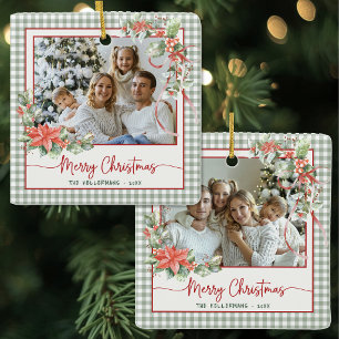 Groene Gingham Plaid Foto Prettig Kerstfeest Keramisch Ornament