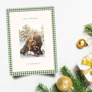 Groene Gingham Plaid Prettig Kerstmis Familie Foto Feestdagenkaart