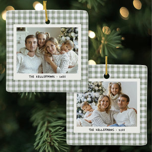 Groene Gingham Plaid Twee Foto Kerstmis Keramisch Ornament