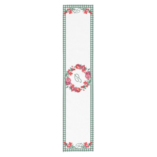 Groene Gingham & Rode Granaatappel Custom Monogram Korte Tafelloper (Voorkant)