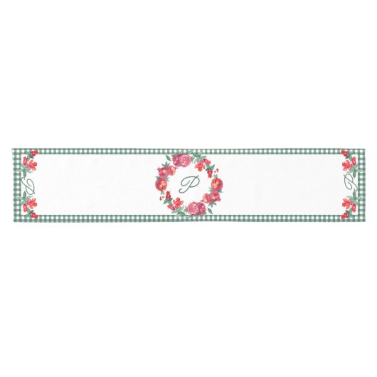 Groene Gingham & Rode Granaatappel Custom Monogram Korte Tafelloper (Horizontaal)