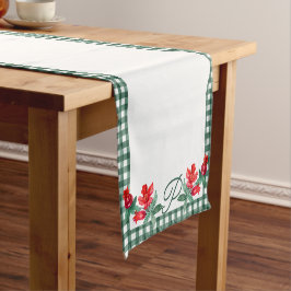 Groene Gingham & Rode Granaatappel Custom Monogram Korte Tafelloper