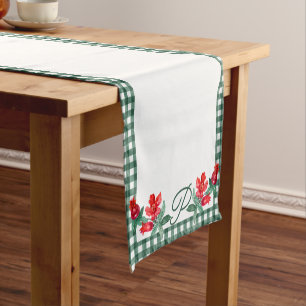 Groene Gingham & Rode Granaatappel Custom Monogram Korte Tafelloper