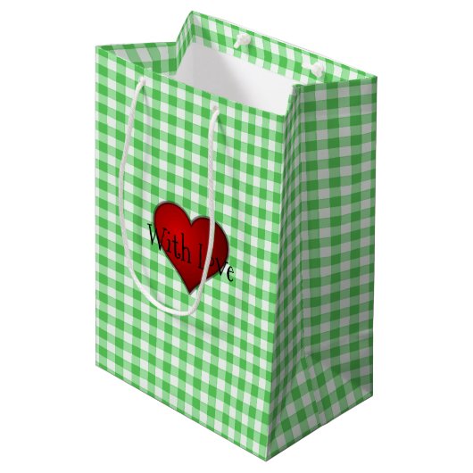 Groene Gingham Rood hart Met Liefde Medium Cadeauzakje (Voorkant Gekanteld)