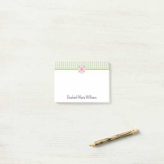 Groene Gingham Roze Bloemen gepersonaliseerd Post-it® Notes (Op bureau)