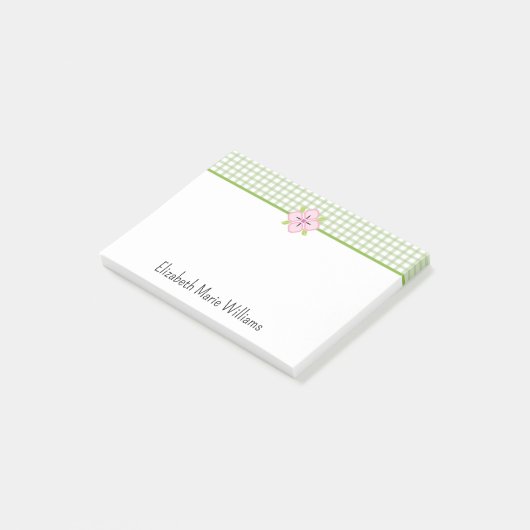 Groene Gingham Roze Bloemen gepersonaliseerd Post-it® Notes (Schuin)