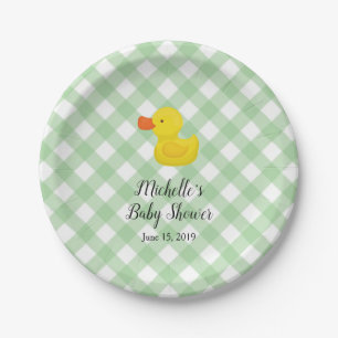 Groene Gingham Rubber Eendje Baby Shower Papieren Bordje