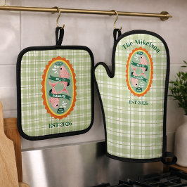 Groene Gingham Sardines Aangepaste Familienaam Ovenwant & Pannenlap Set