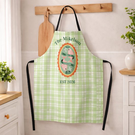 Groene Gingham Sardines Aangepaste Familienaam Schort