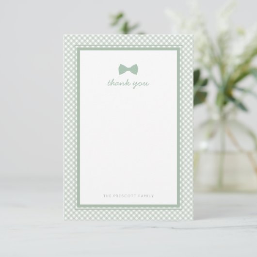 Groene gingham schattig stropdas baby shower bedankkaart (Staand voorkant)
