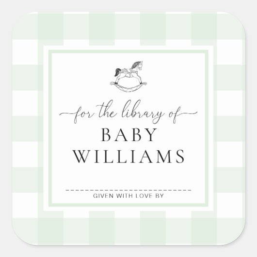 Groene Gingham Schommelend Paard Bibliotheek Boekp Vierkante Sticker (Voorkant)