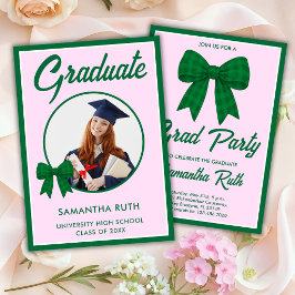 Groene Gingham Strik Foto Afstudeerfeest Kaart