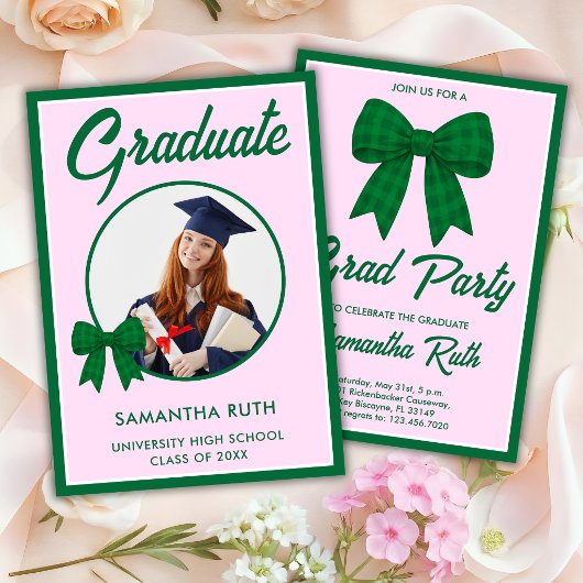 Groene Gingham Strik Foto Afstudeerfeest Kaart