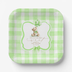 Groene Gingham Teddybeer Baby Shower Papieren Bordje