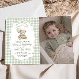 Groene Gingham Teddybeer Ballon Verjaardagsfoto Kaart