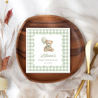 Groene Gingham Teddybeer Verjaardagsservetten Servet