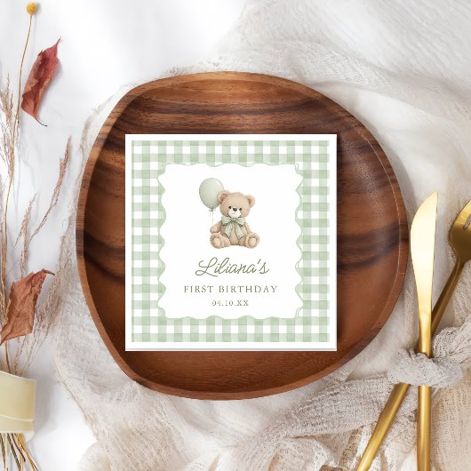 Groene Gingham Teddybeer Verjaardagsservetten Servet
