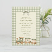 Groene Gingham Trein Baby Shower Uitnodiging (Staand voorkant)