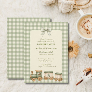 Groene Gingham Trein Baby Shower Uitnodiging