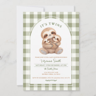 Groene Gingham Tweeling Luiaard Babyshower Uitnodi Kaart