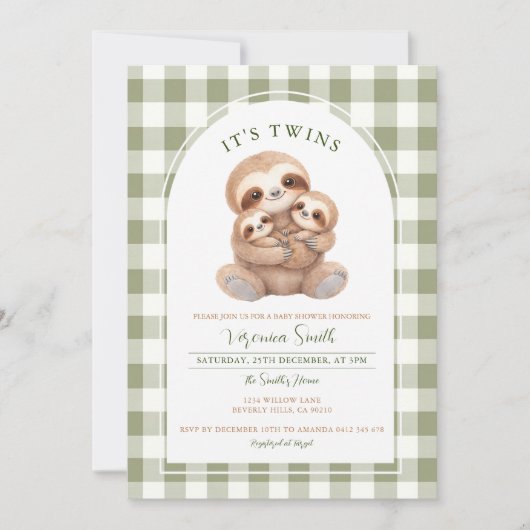 Groene Gingham Tweeling Luiaard Babyshower Uitnodi Kaart (Voorkant)