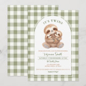 Groene Gingham Tweeling Luiaard Babyshower Uitnodi Kaart (Voorkant / Achterkant)