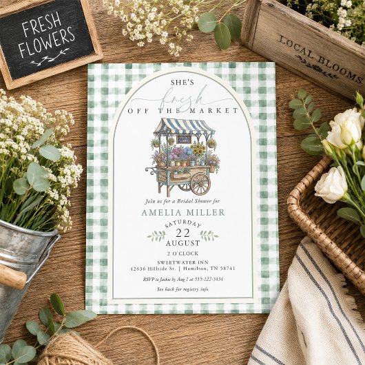 Groene Gingham Vers Van De Markt Bruidsfeest Kaart