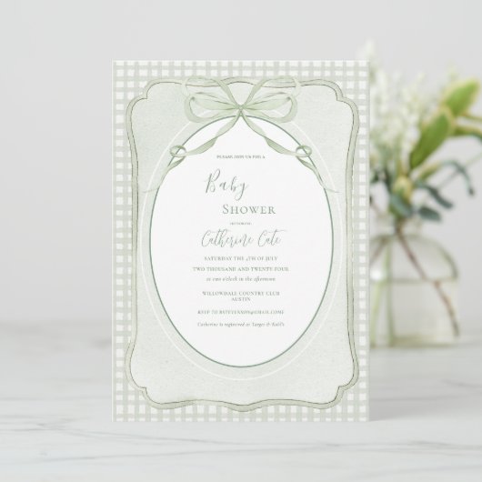 Groene Gingham Vintage Baby Shower Kaart (Staand voorkant)