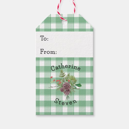 Groene Gingham Wreath Custom Names Cadeaulabel (Voorkant)