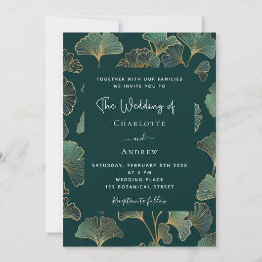 Groene ginkgo-blad goud botanische bruiloft kaart (Voorkant)