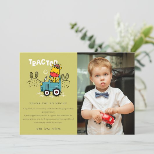 Groene Giraffe in Boerderij Tractor Boys Foto Verj Bedankkaart (Staand voorkant)