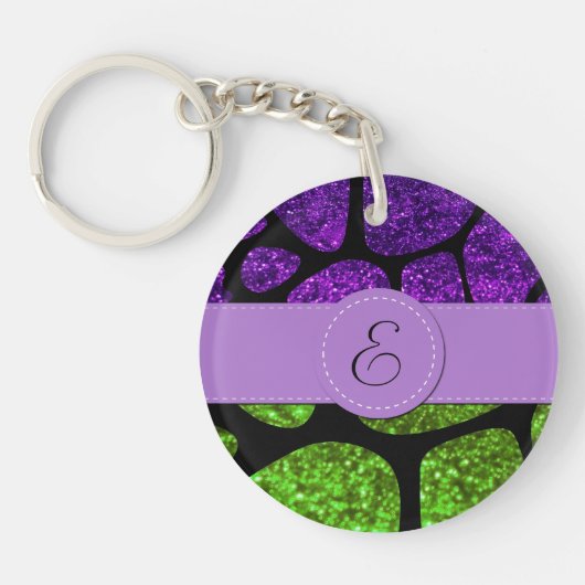 Groene Giraffe, Paarse Giraffe, Glitter, Monogram Sleutelhanger (Voorkant)